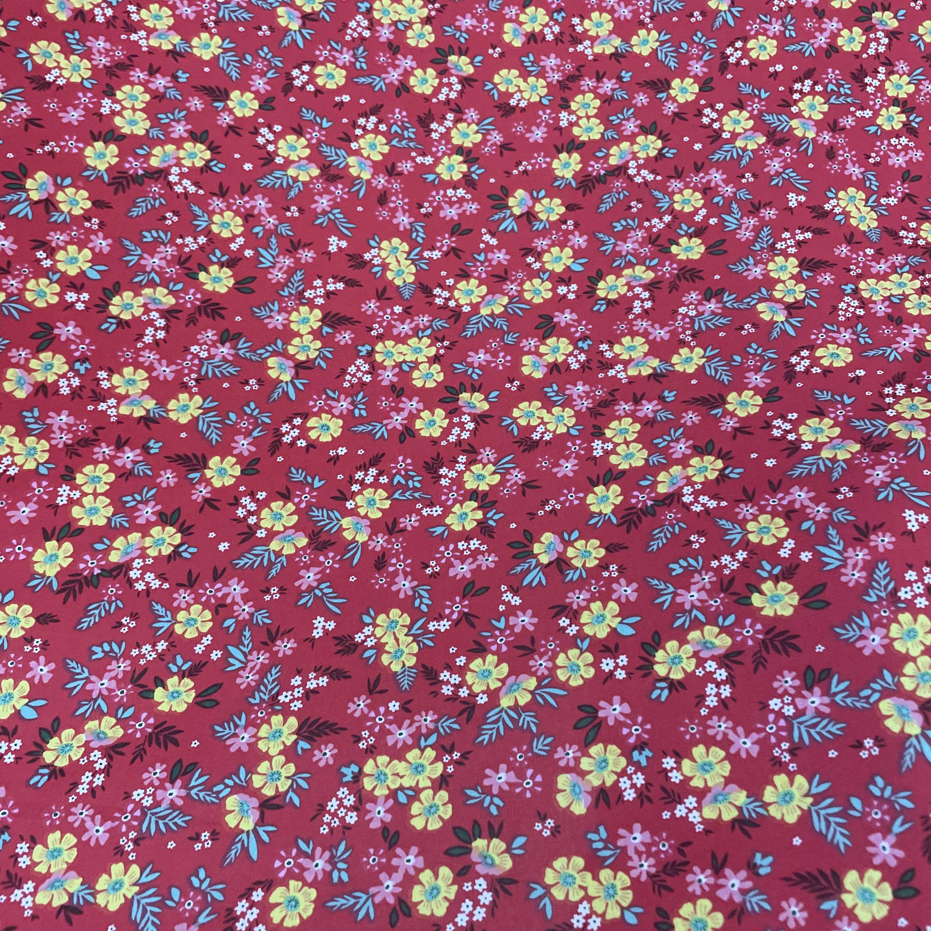 Tecido Crepe Salina Estampa Flores Vermelhas  - Empório dos Tecidos 