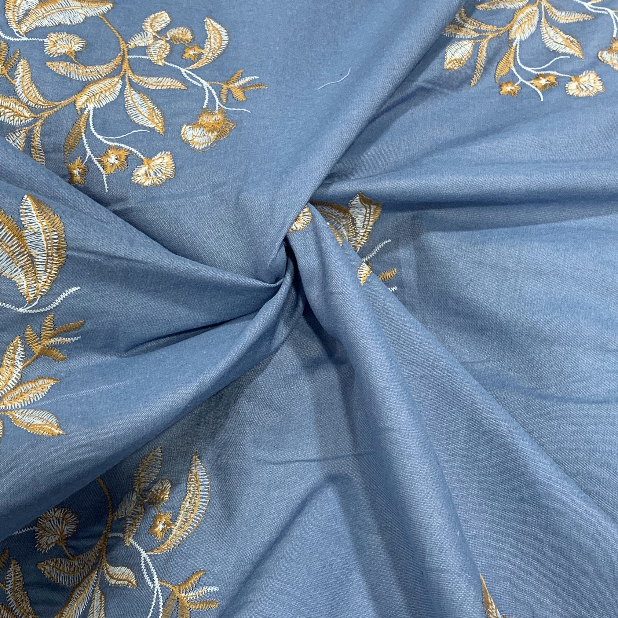 Tecido Mescla Jeans Bordado Azul Médio Flores Gold  - Empório dos Tecidos 