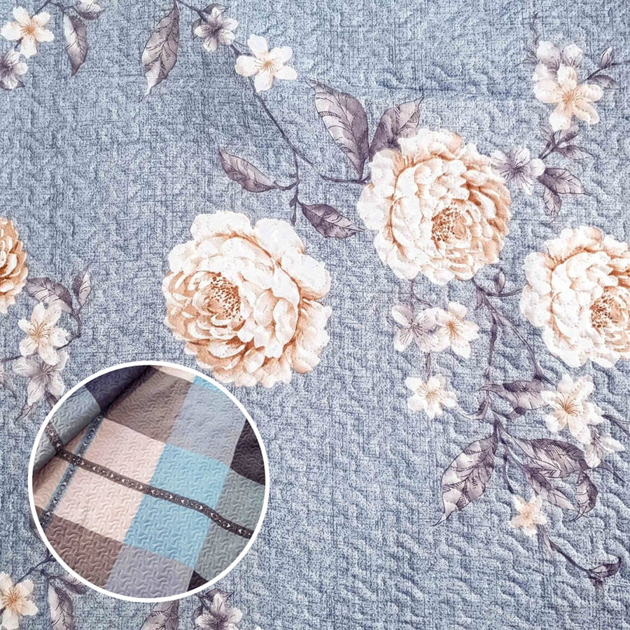 Tecido Matelassê Dupla Face Floral Rosas Brancas Fundo Azul - Empório dos Tecidos 