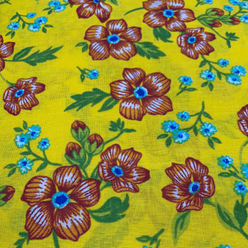 Tecido Chitão Estampado Floral Laranja Fundo Amarelo