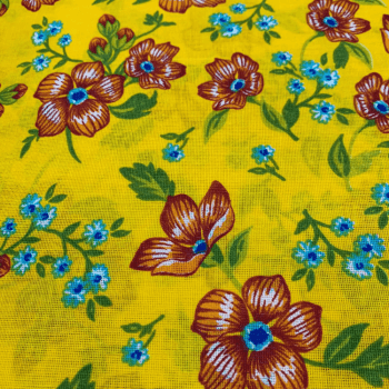 Tecido Chitão Estampado Floral Laranja Fundo Amarelo