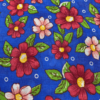 Tecido Chitão Estampado Floral Vermelho Fundo Azul Royal