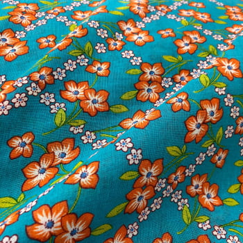 Tecido Chitão Flores Fundo Azul Turquesa 1,40m de largura 