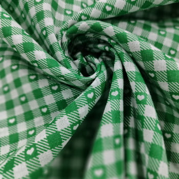 Tecido Chitão Quadriculado com Corações Verde - Empório dos Tecidos 