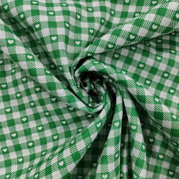 Tecido Chitão Quadriculado com Corações Verde - Empório dos Tecidos 