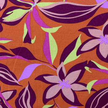 Tecido Crepe Larissa Estampado Flores Coloridas Fundo Alaranjado - Empório dos Tecidos 