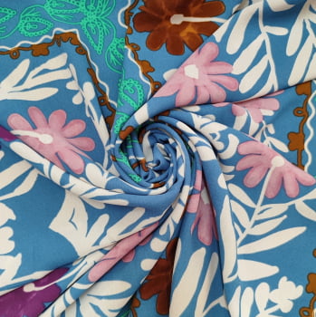 Tecido Crepe Duna Estampado Floral Fundo Azul