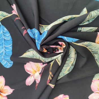Tecido Crepe Duna Estampado Floral Fundo Preto 