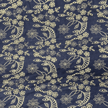 Tecido Mescla Jeans Bordado Azul Escuro Desenho Flores - Empório dos Tecidos 