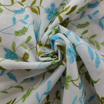 Tecido Laise Bordada Floral Azul e Verde  - Empório dos Tecidos 