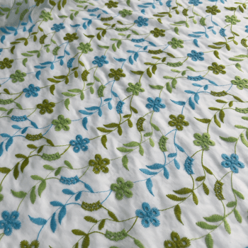 Tecido Laise Bordada Branca Floral Azul e Verde  - Empório dos Tecidos 