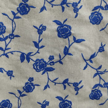 Tecido Linho Bordado Flores Azul 