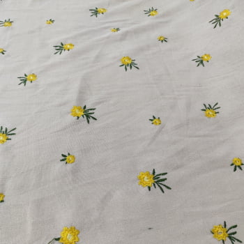 Tecido Linho Bordado Floral Amarelo Fundo Rosé - Empório dos Tecidos 