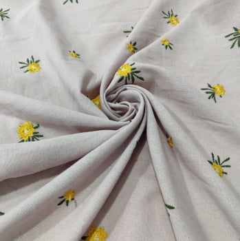 Tecido Linho Bordado Floral Amarelo Fundo Rosé - Empório dos Tecidos 
