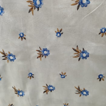 Tecido Linho Bordado Floral Cru Azul Detalhe Marrom - Empório dos Tecidos 