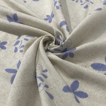 Tecido Linho Misto Estampado Cru Com Flores No Lavanda 