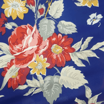 Tecido Malha Helanca Estampada Fundo Azul Royal Flores Vermelhas