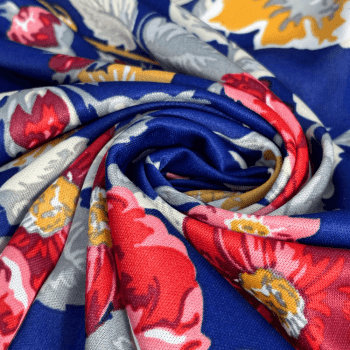 Tecido Malha Helanca Flores Vermelhas Fundo Azul Royal - Empório dos Tecidos 