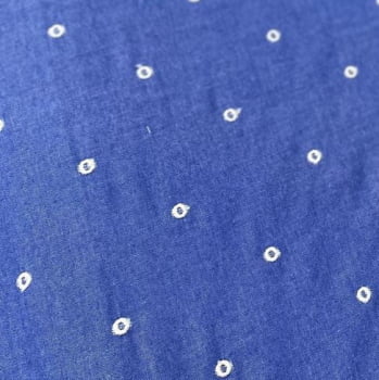 Tecido Mescla Jeans Bordado Azul Escuro Poá Bege - Empório dos Tecidos 
