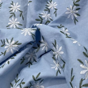 Tecido Mescla Jeans Bordado Azul Claro Flores Brancas - Empório dos Tecidos 