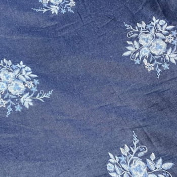 Tecido Mescla Jeans Bordado Azul Escuro Floral Com Azul   - Empório dos Tecidos 