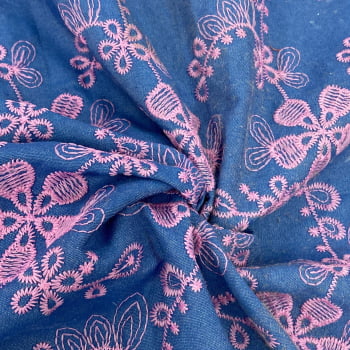 Tecido Mescla Jeans Bordado Azul Floral Rosa