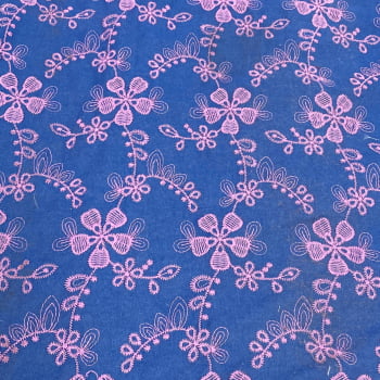 Tecido Mescla Jeans Bordado Azul Floral Rosa - Empório dos Tecidos 