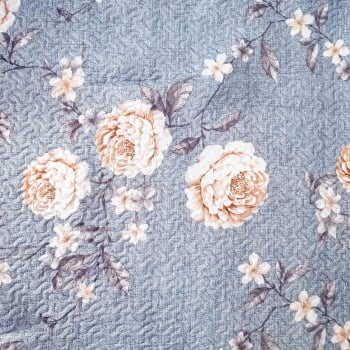 Tecido Matelassê Dupla Face Floral Rosas Brancas Fundo Azul - Empório dos Tecidos 