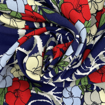 Tecido Crepe New Look Estampado Flores Coloridas Fundo Azul - Empório dos Tecidos 