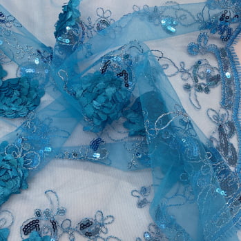 Tecido Renda Bordada 3D Azul Turquesa - Empório dos Tecidos 