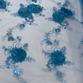 Tecido Renda Bordada 3D Azul Turquesa - Empório dos Tecidos 