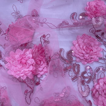 Tecido Renda Bordada 3D Rosa Chiclete - Empório dos Tecidos 