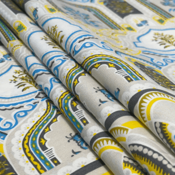 Tecido Tricoline Desenhos Amarelo e Azul - Empório dos Tecidos 