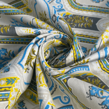Tecido Tricoline Desenhos Amarelo e Azul - Empório dos Tecidos 