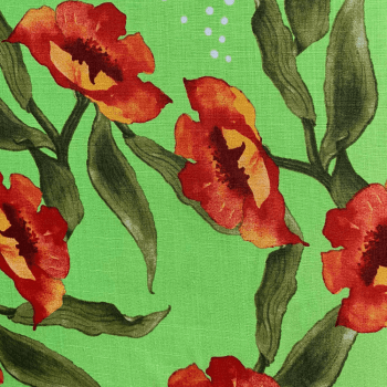 Tecido Viscolinho Estampado Flores Laranjas com Fundo Verde Lima